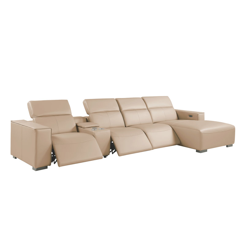 Canapé modulaire beige en cuir véritable 5 pièces faisant face à droite avec 3 fauteuils inclinables électriques et appuis-tête réglables