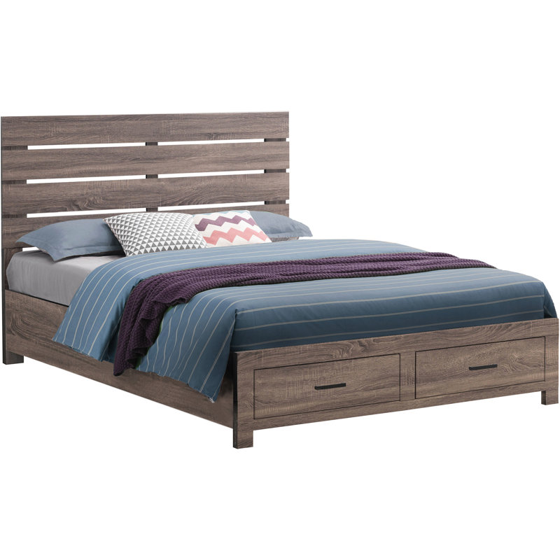 Grand lit à panneau avec tête de lit à lattes, tiroirs de rangement et finition en chêne pour la configuration de la chambre à coucher
