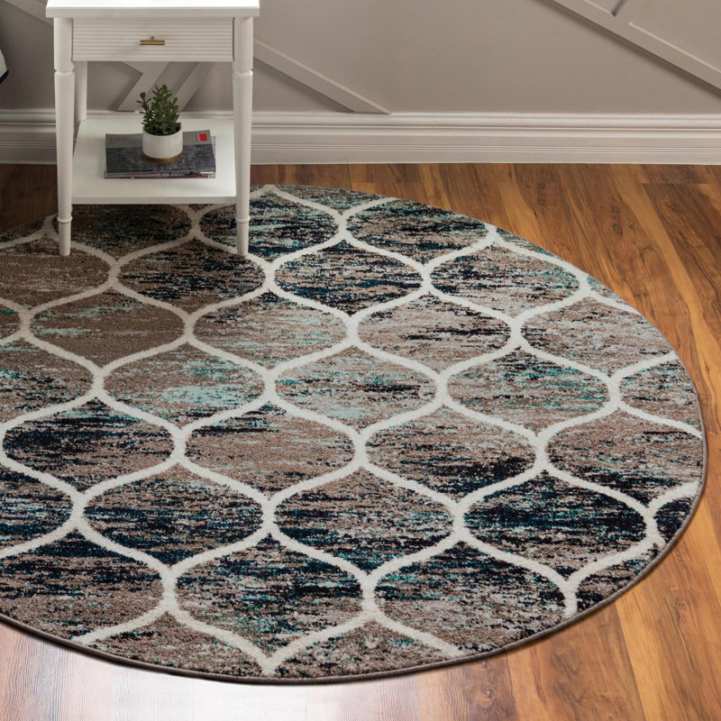 Riverlea Geometric Brown Area Rug, Multi Blue, Round 10'