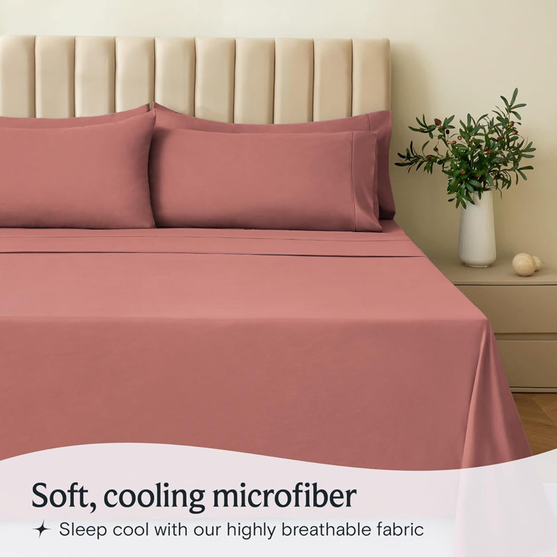 Luxclub 4 PC Salmon Pink Queen Silky Soft Cooling Extra Deep Pocket Performance Sheet Set, Queen Sheet Set with 2 Pillowcases