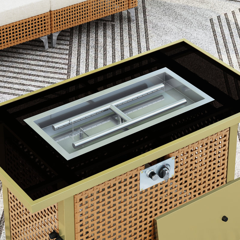 Table de foyer d'extérieur 43 "avec pare-vent en verre, gaz propane 60000, tissage rectangulaire ouvert pour terrasse - orange et jaune moutarde, flamme extérieure