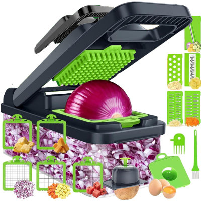 15-in-1 Vegetable Chopper 10 Blades, Veggie Cutter with Handle, Stainless Steel Blades, Food Container and Lid, Dicer, Non-slip Base, Include Cleaning Tools, (Green)