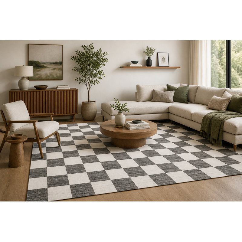 Tapis à carreaux lavable à la machine, Square, 9x9 ft, Black & White