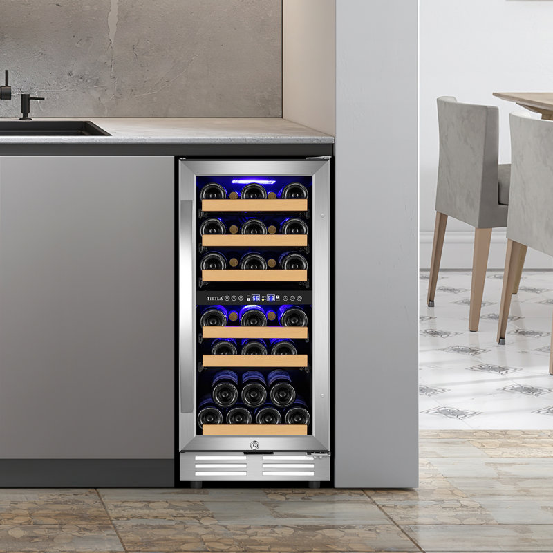 15" Wine Premium Refrigerator 30 Bottle Dual Zone Wine Cooler with Two Handle and Reversible Hinge