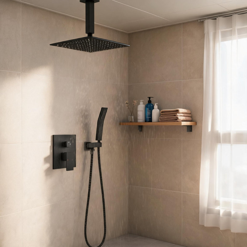 Ensemble de système de douche au plafond en laiton noir mat avec douchette et pomme de douche 10 pouces