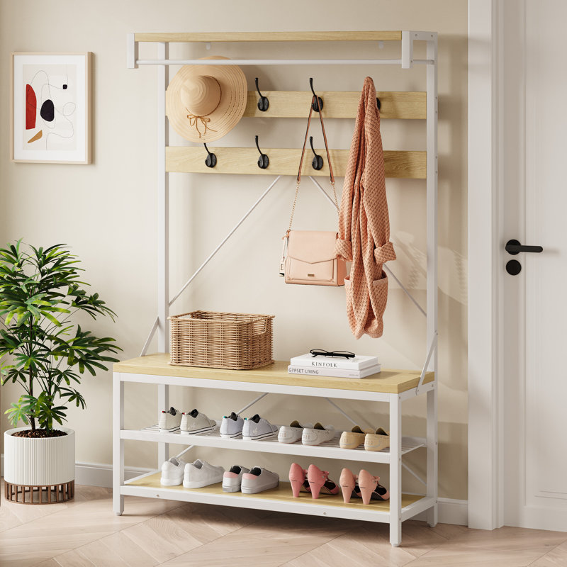 Industrial Coat Rack and Shoe Bench Hall Tree – Entryway Storage with Large Shoe Rack, 8 Hooks, Hanging Bar & Shelf, 39.9" x 15.7" x 72" (White)