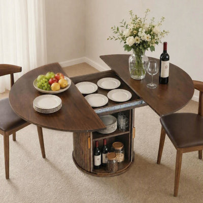 Modern Farmhouse Round Dining Table with Pedestal Base & Built-In Storage, 63", Brown