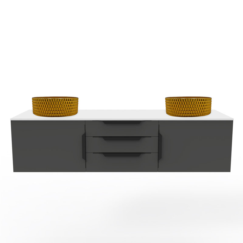 Wildsee 60" Floating Single Bathroom White Vanity Set With Silver Tempered Glass Vessel Sink, Black, Gold