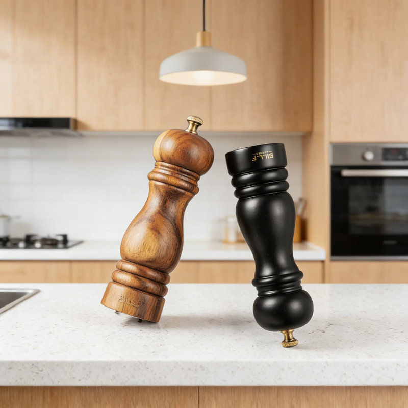 Ensemble réglable de moulins à sel et à poivre en céramique réglables de 2 po, 7 pouces avec design en bois d'acacia rustique pour les épices fraîchement moulues