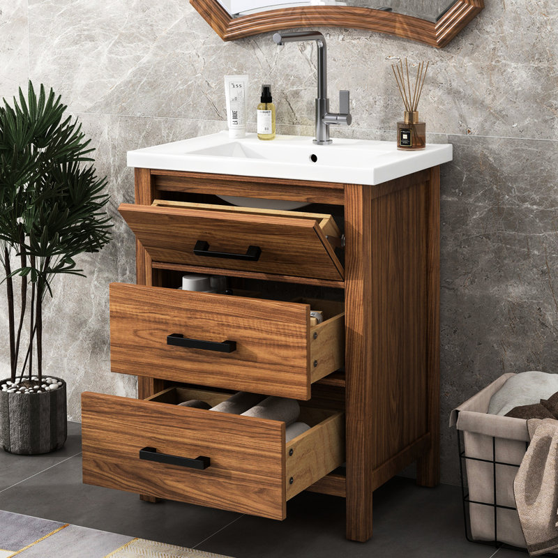 Meuble-lavabo 24 po avec lavabo en céramique - moderne, 3 armoires de rangement modernes 3 tiroirs, intriguant
