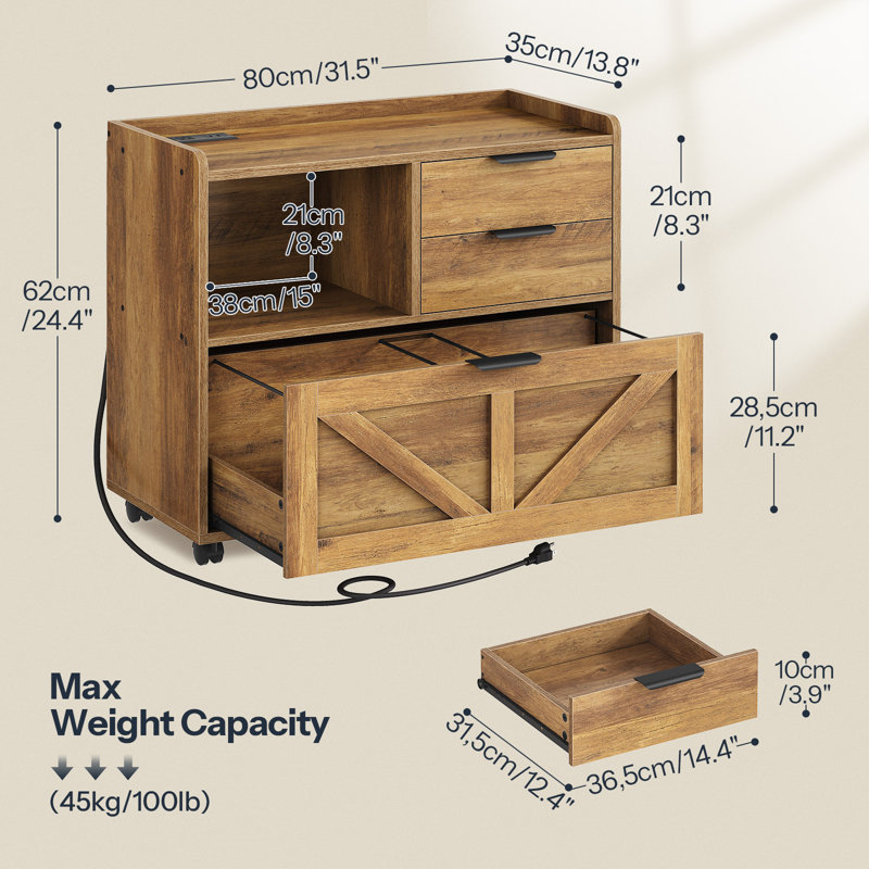 31.5'' Wide Mobile File Cabinet with Storage and Charging Station, Brown