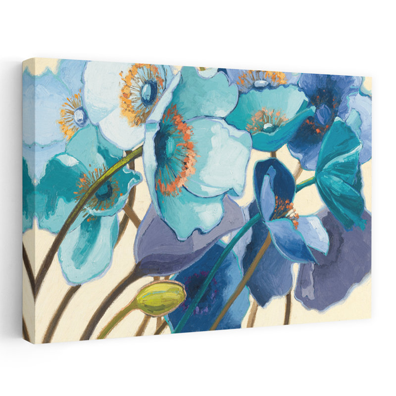 Le Pavots Bleu contemporain bleu floral vert crème, H 24 po x l 16 po