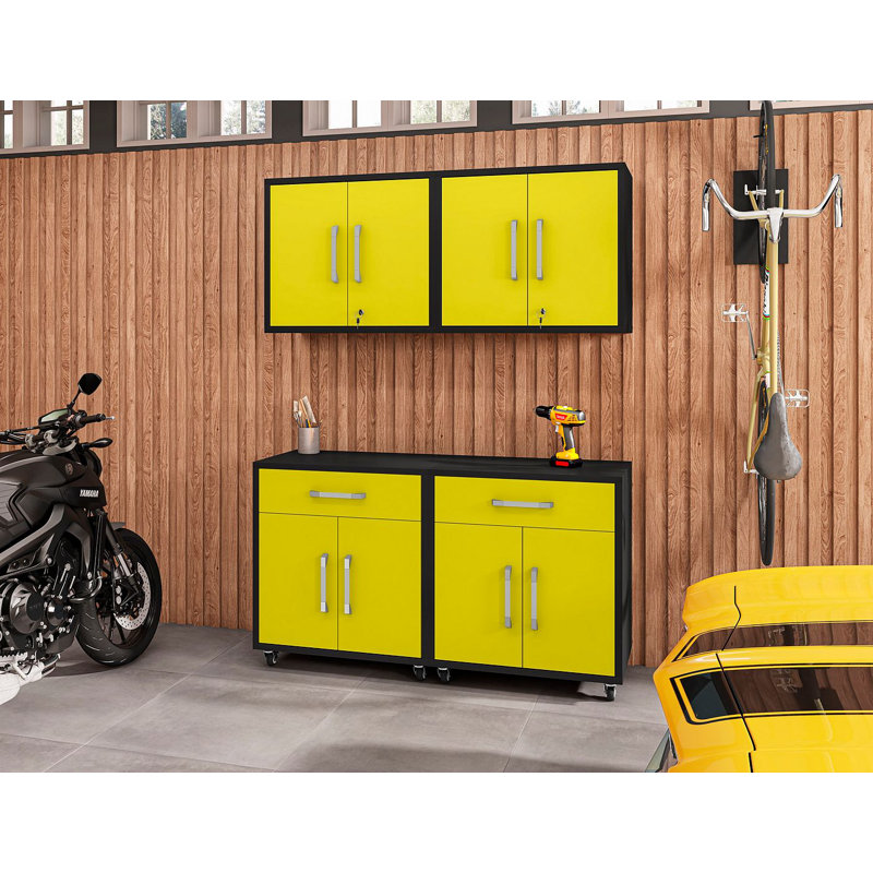 Eiffel Modern Garage Storage Set with Drawers and Removable Shelves in Yellow, Matte Black/Yellow