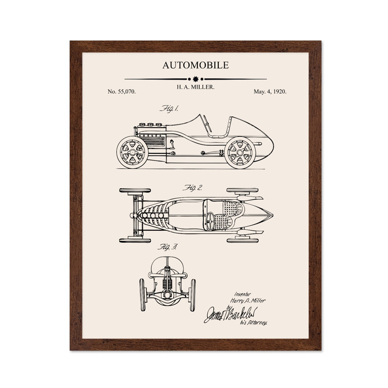 Car Blueprint, Poster, 18"H x 24"W, Brown Framed