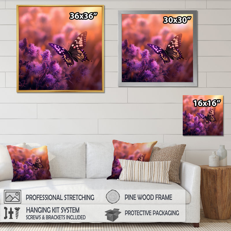 Papillon rose, coucher de soleil magique I, H 36 po x l 36 po x P 1,5 po, Toile tendue