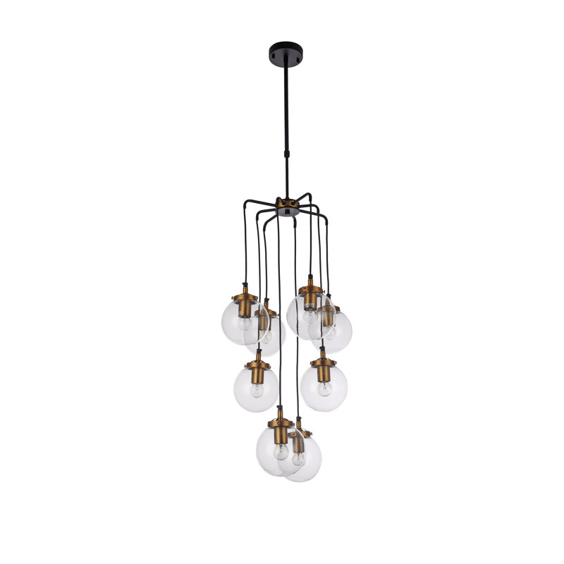 Industrial 8-Light Black Metal Chandelier With Clear Glass Shades