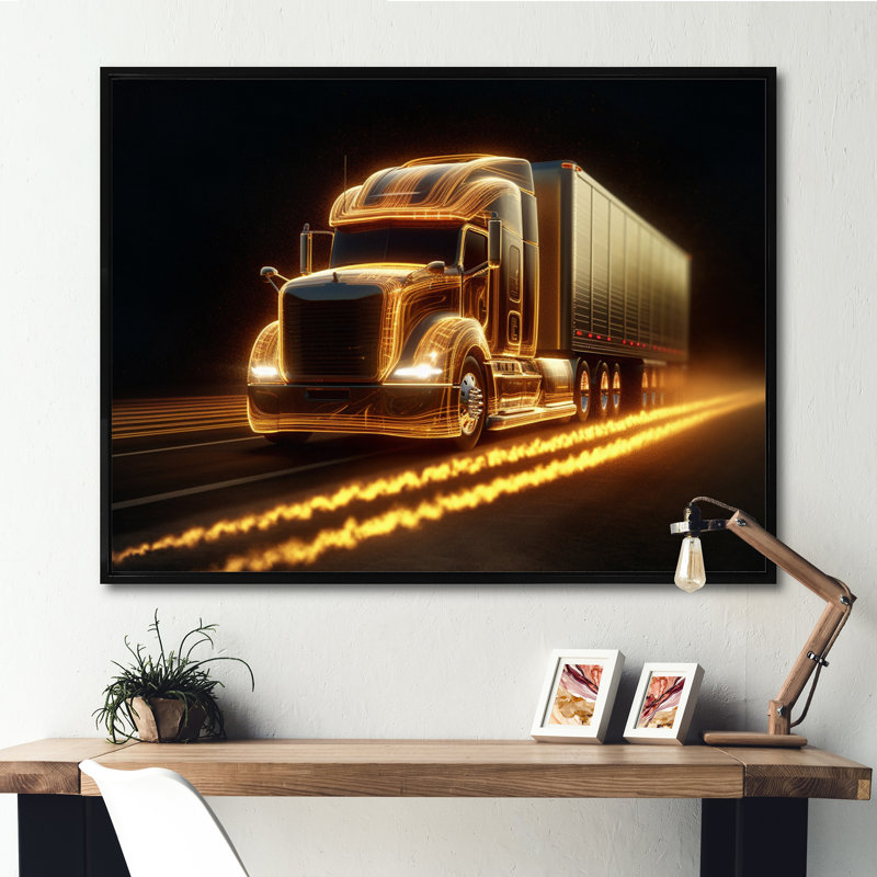 Camion jaune semi-néon sur toile, H 16 po x l 32 po x P 1 po, Cadre flottant noir