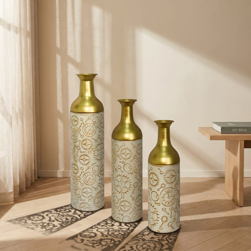Ensemble de 3 vases de sol cylindriques hauts en métal, d'inspiration steampunk, avec col doré, blanc antique