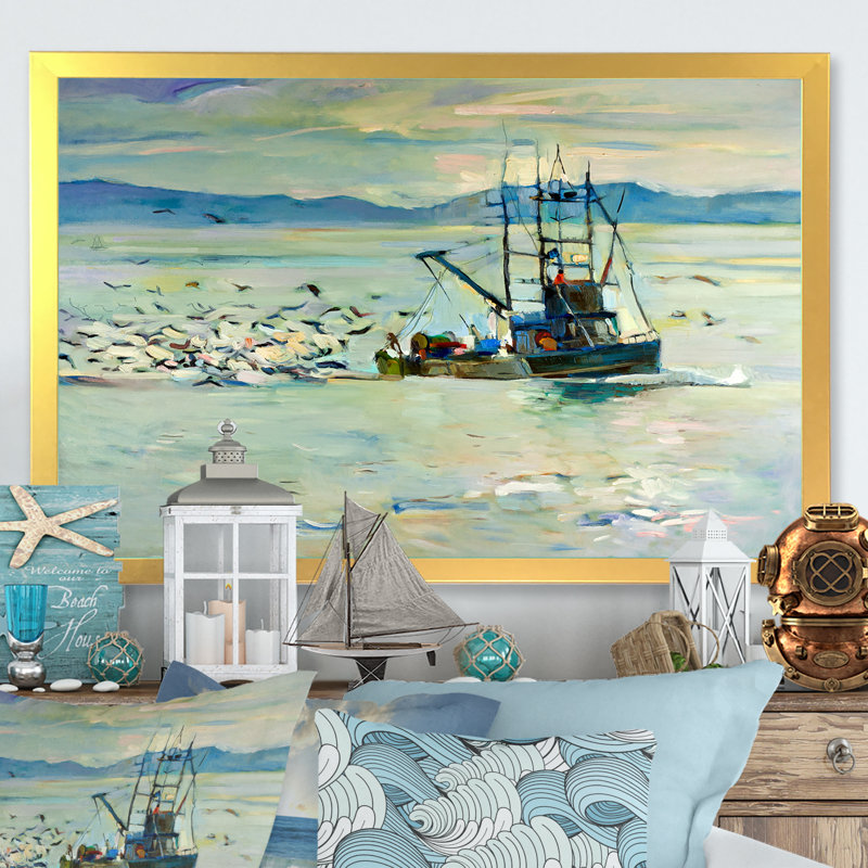 Bateau de pêche - reproduction de photo sur toile, H 16 po x l 32 po x P 1 po, Toile encadrée dorée