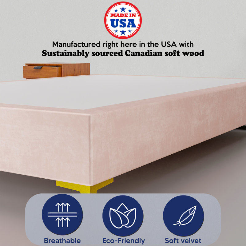 Karvin 15" Premium Velvet Material Wood Box Spring/Bed Frame, Durable, Stylish, Multi Color, California King, Light Pink