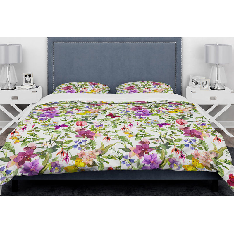 Ensemble de housse de couette designart à fleurs orchidées papillons, Housse de couette très grand + 2 taies décoratives