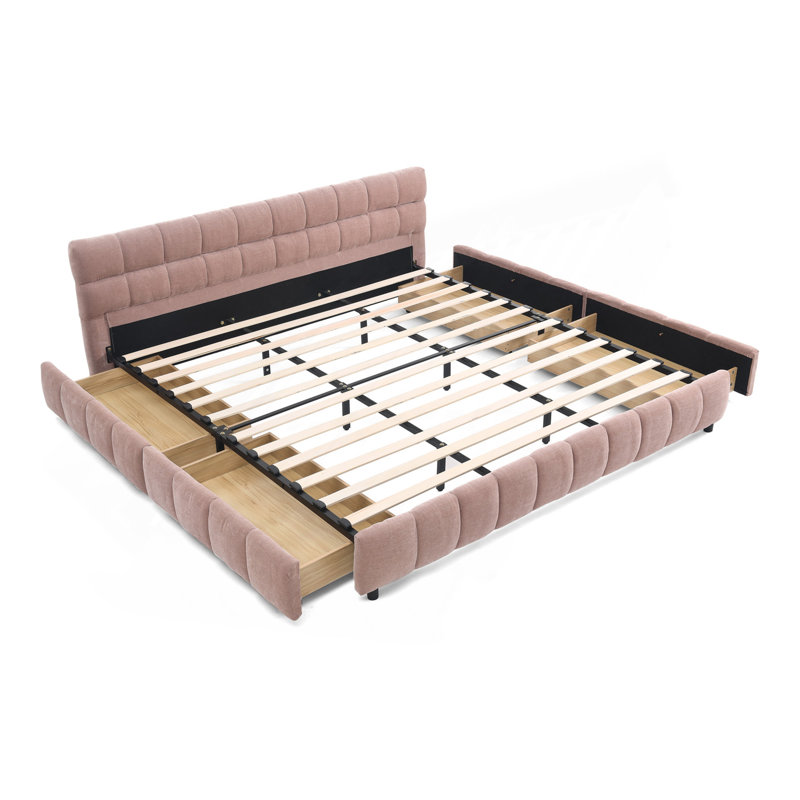 California King Size Upholstered Bed ,Comfortable Upholstered Bed Frame, Chenille Fabric, With Headboard And  Bed Frame. With Drawer For Storage.-Pink