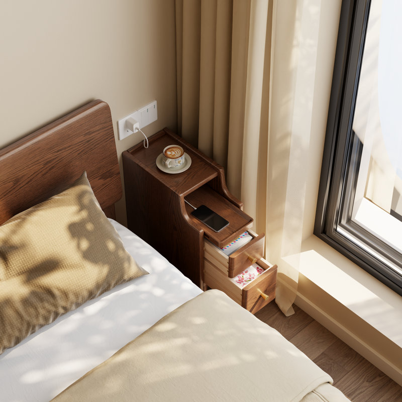 Narrow Solid Wood Nightstand with 2 Drawers, Brown, 19.68"H X 7.87"W X 15.74"D 