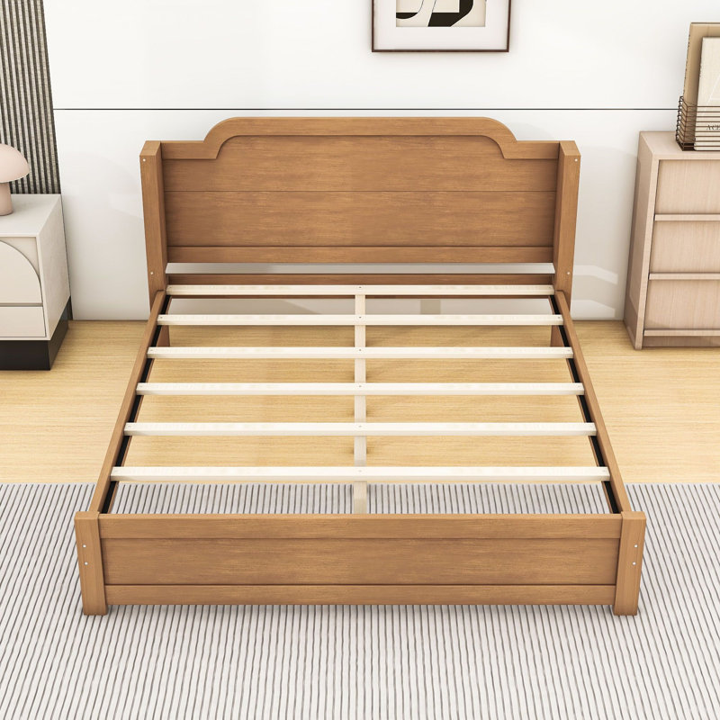 Lit plateforme en bois avec tête de lit courbée et pieds centraux, Naturel, Grand lit