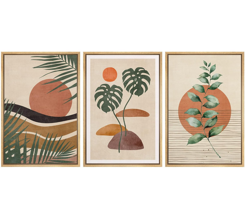 " Boho Mid-Century Tropical Plant Collage Abstract Shapes Modern Art Decor Minimal Relax/Zen " 3 - Pieces, Naturel