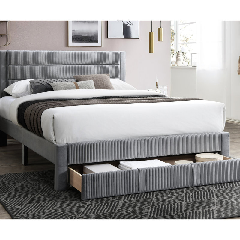 Grand lit de style moderne avec tête de lit en velours côtelé gris et tiroir pratique avec fente de rangement, Gris