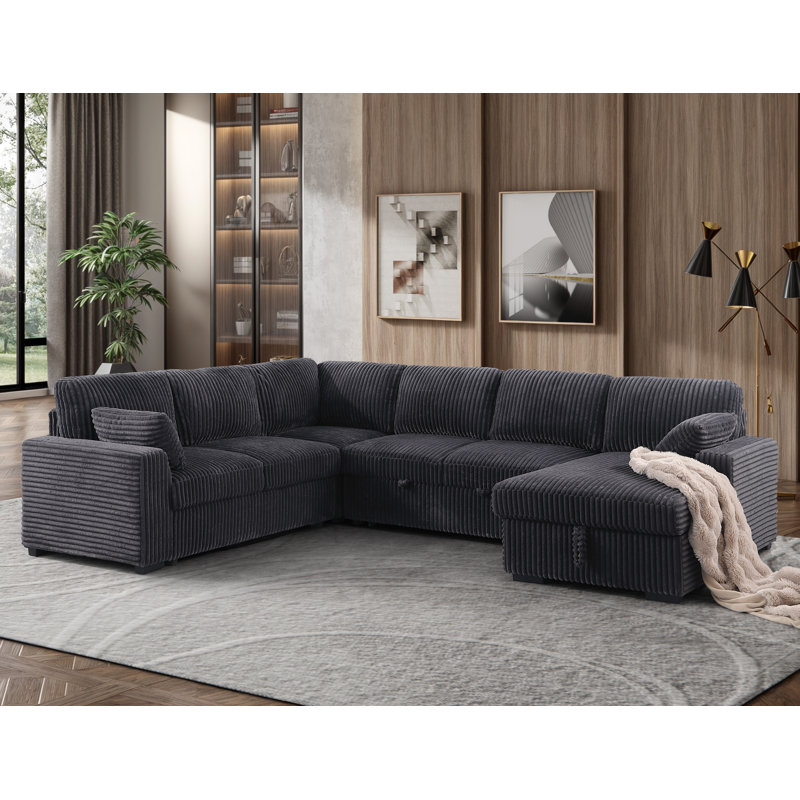 Très grand canapé-lit modulaire en U escamotable avec méridienne de rangement pour le salon, Gris