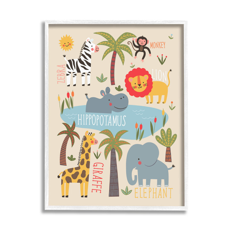 «Jungle Wildlife Animals», estampe numérique par Abi Hall, H 14 po x l 11 po x P 1,5 po, Giclée encadrée blanc bord de mer