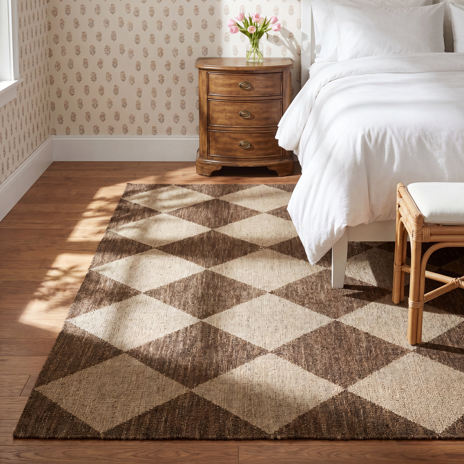 Winnie Brown Tan Hand-Knotted Geometric Wool Rug, Rectangle 10' X 14'