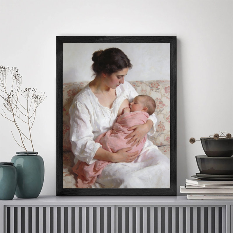 Art mural en bois massif de qualité supérieure, femme tenant un bébé, peinture murale avec cadre en bois noir durable pour la décoration intérieure