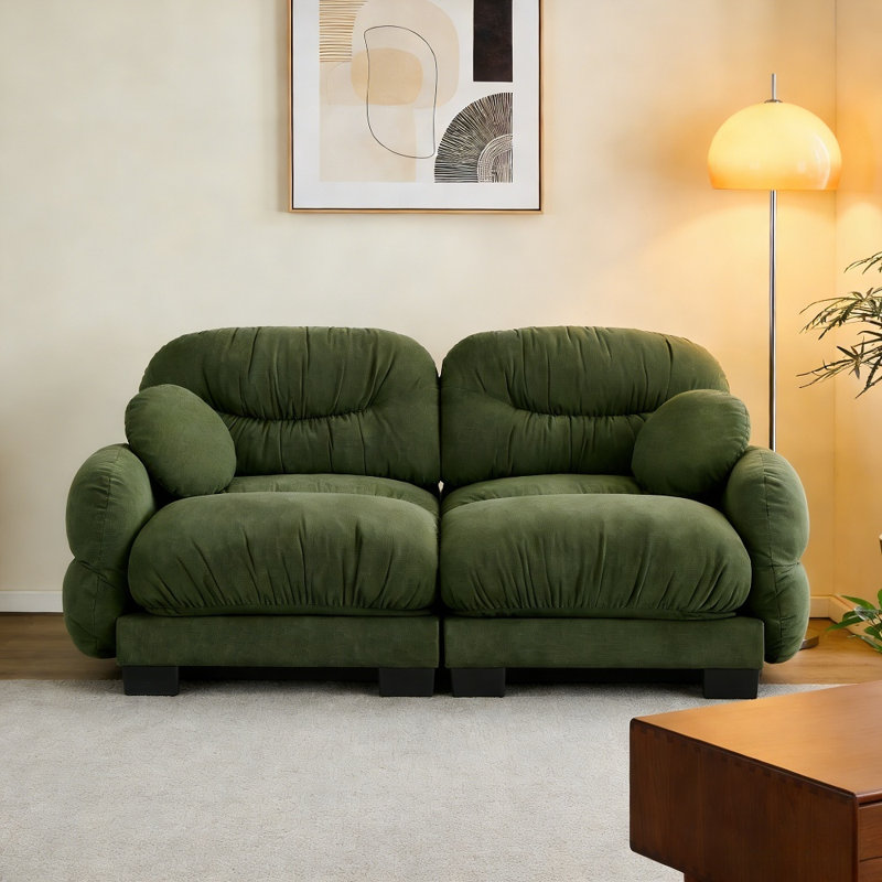 Modern Oversized Cloud Chenille Modular Loveseat, Pleated Design Curved Armrest 2 Seater Comfy Sectional Sofa Couch, Green