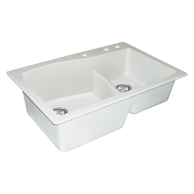 Aversa 33'' L Double Bowl Granite Kitchen Sink, White, 3-BDE Hole