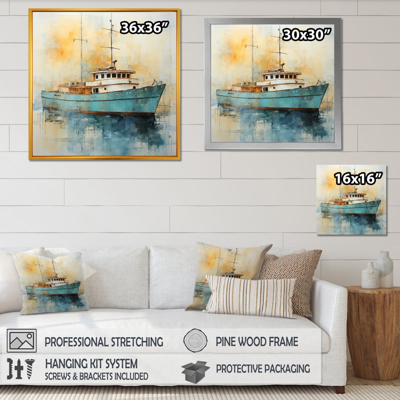 Bateau de pêche jaune et bleu à l'aube - bateau côtier, art mural, Toile tendue, H 30 po x l 30 po x P 1,5 po