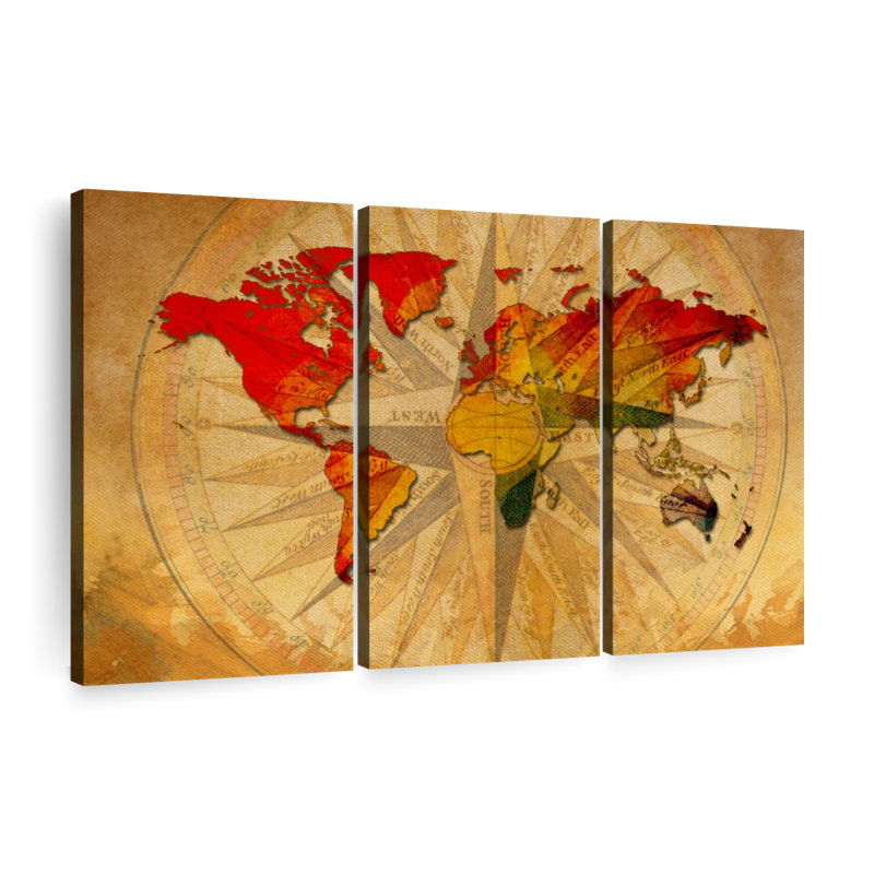 «World Map Old Compass World Map», reproduction sur toile 3 pièces par Tess P, H 48 po x l 74 po x P 1,25 po