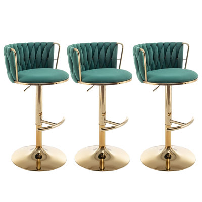 Velvet Bar Stools Set Of 3, Counter Height Bar Chairs With Low Back, Gold Swivel Bar Stools For Kitchen Island, Bar Pub