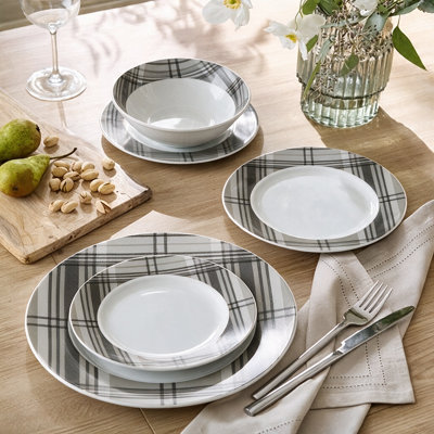 Waterside 12pc Porcelain Grey Tartan Dinner Set