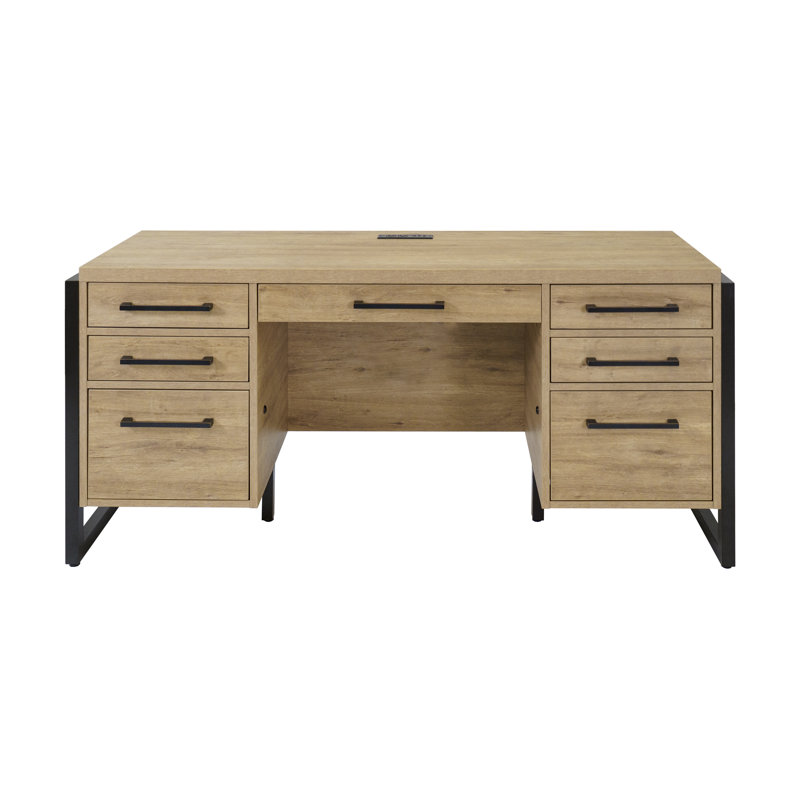 Aukse Executive Desk with Built-In Electrical Outlet, 31" H x 66'' W x 30" D, Light Brown/Black