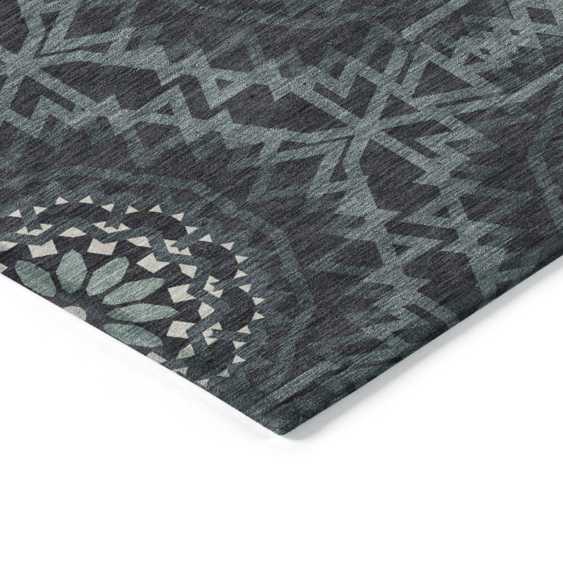 Tapis intérieur lavable à motif de médaillon floral gris anthracite et ivoire 5 pi x 8 pi