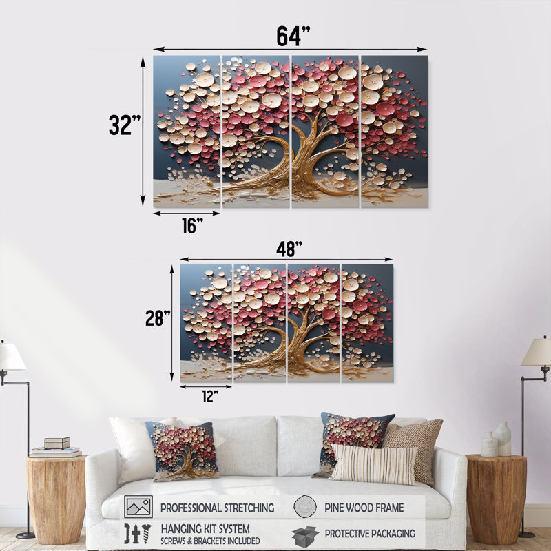 Orchidée rose et or jardin de branches VI - ensemble d'art mural 4 pièces arbre, H 28 po x l 48 po