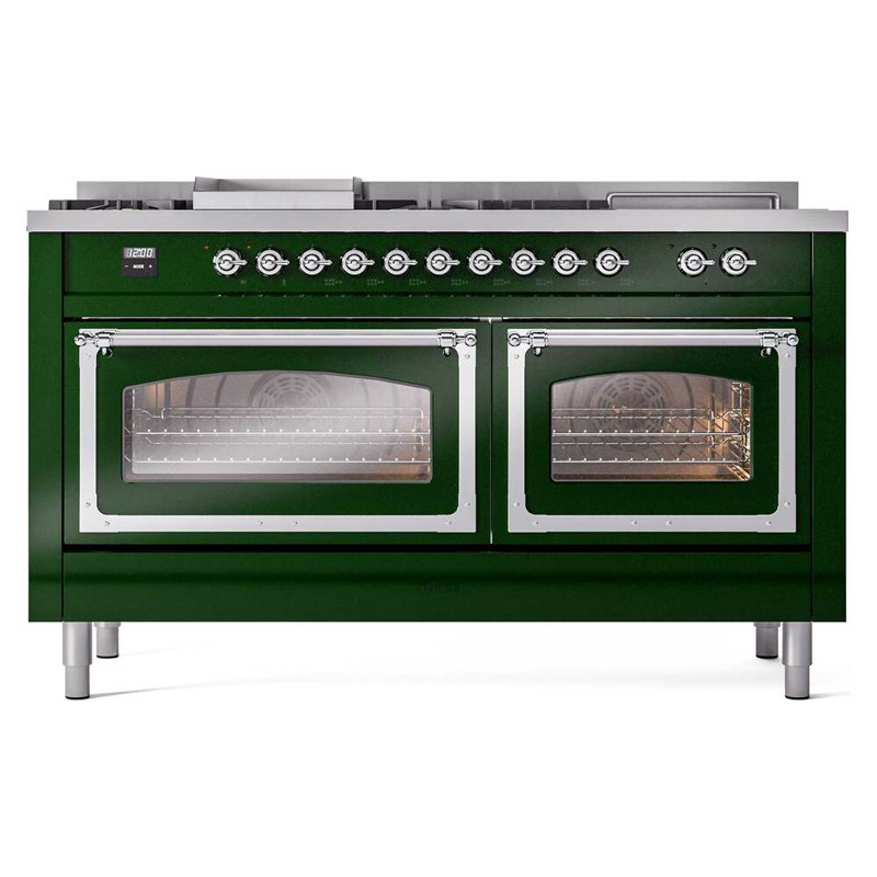 ILVE Nostalgie II Noblesse 60 in Dual Fuel Range 7 Burner, Griddle, Frenchtop, Liquid Propane, Emerald Green/Chrome
