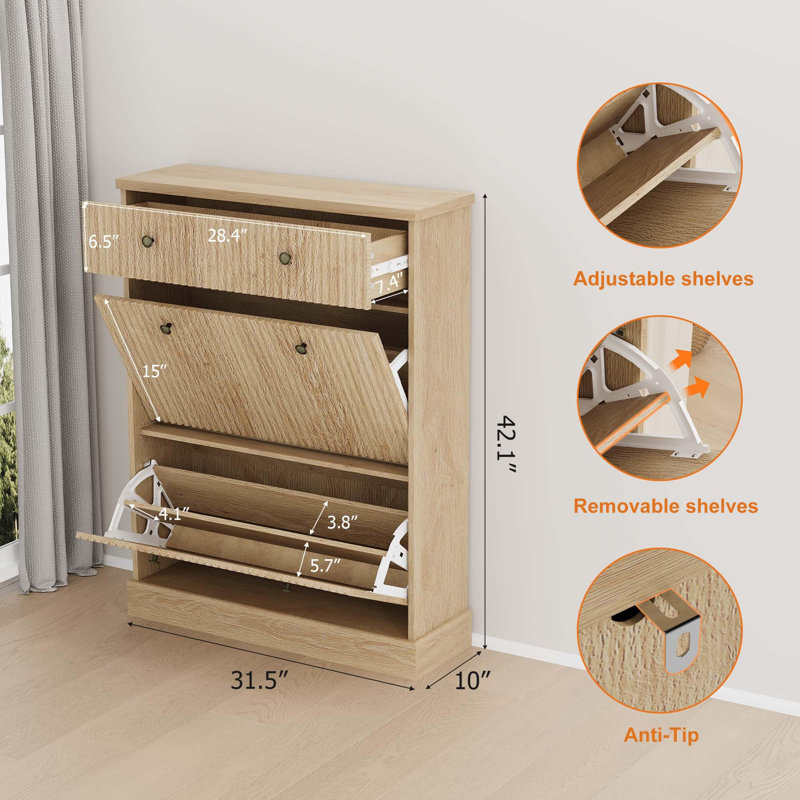 Fluted Shoe Cabinet with 2 Flip Drawers and 1 Drawer, Slim Entryway Shoe Storage Organizer with Adjustable Shelves, Natrual