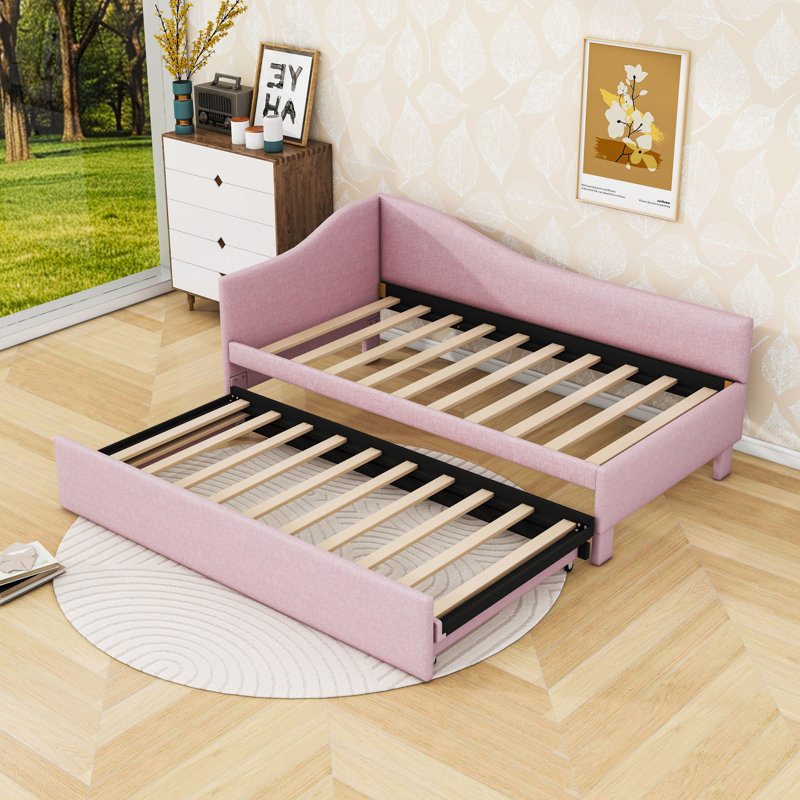 Twin Upholstered Daybed with Pop Up Trundle, Pink