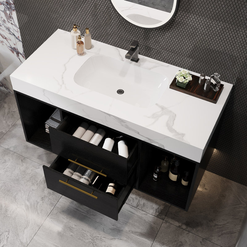 39.4" Floating Bathroom Vanity with Ceramic Sink, Modern Wall Mounted Storage Cabinet with 2 Drawers & 2 Open Spaces, Black
