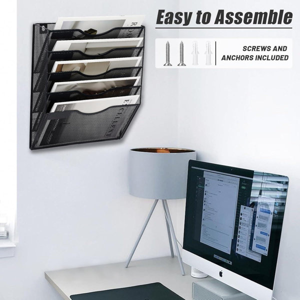 Research Paper Rack Latitude Run® Black Wall-Mounted 5-Pocket Storage Rack With Mesh Design ...