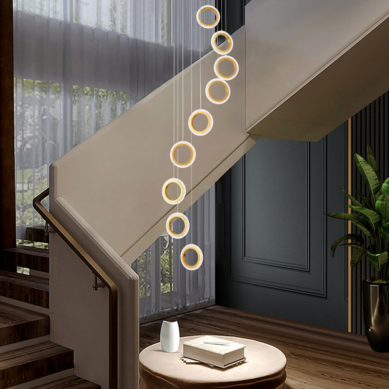 Gold Acrylic and Aluminum 9-Ring Adjustable Height Chandelier