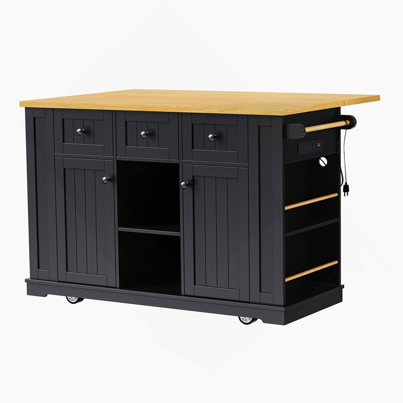 53Inch Large Kitchen Island With Drop Leaf, Power Outlet, Door Internal Storage Rack, Rolling Kitchen Cart On 5 Wheels With 5 Open Side Racks For Kitchen, Dining Room,Black(Not Include Bar Stools)
